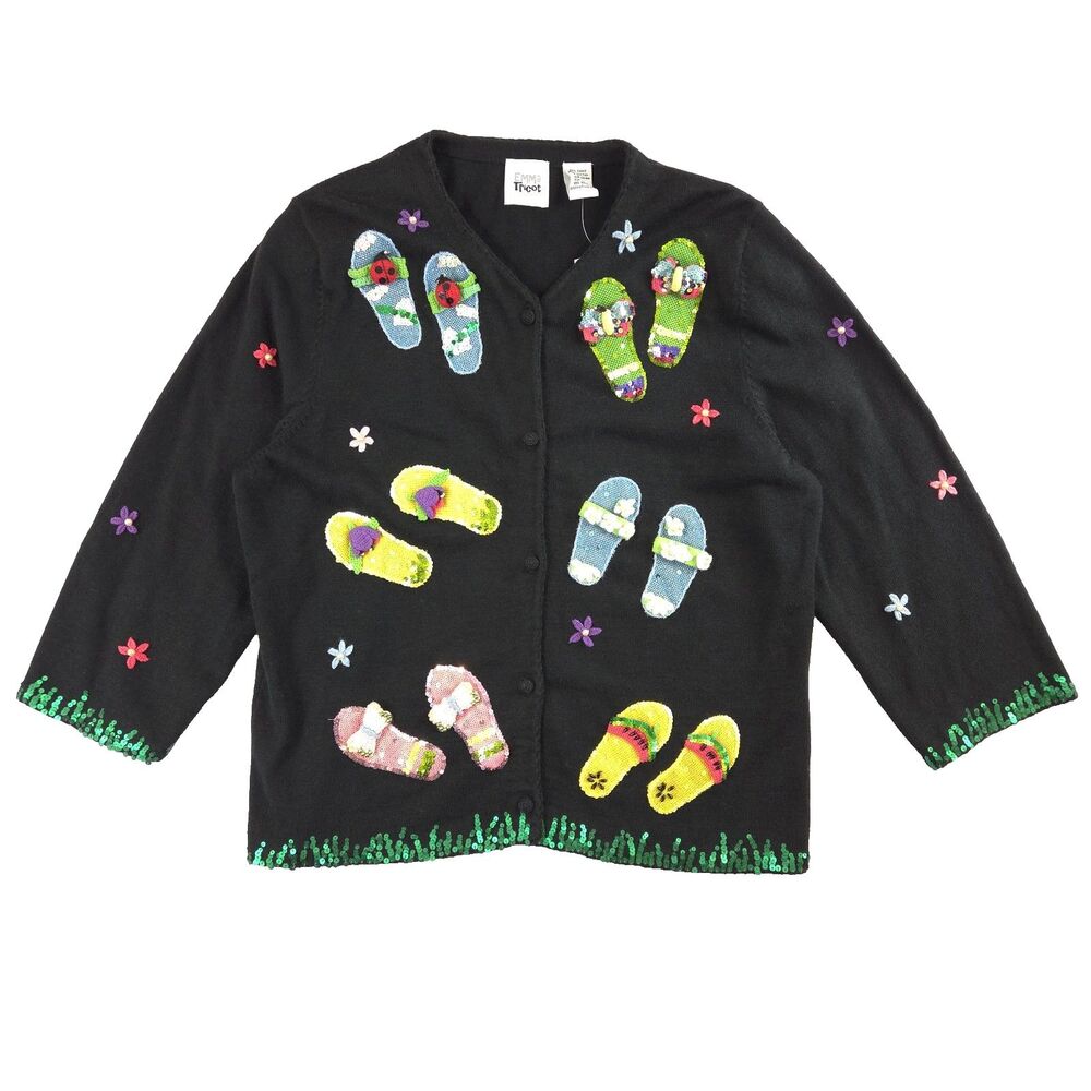 VTG Emma Tricot Novelty Sandals Cardigan Beaded Sequin L Beach Resort Y2K Artsy